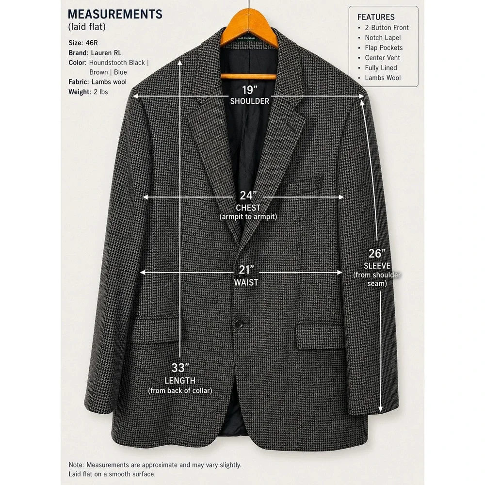 Lauren Ralph Lauren Mens 46R Lambswool Houndstooth Blazer Sport Coat Black Brown